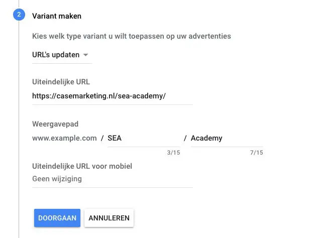 Advertentievariant maken URL's updaten