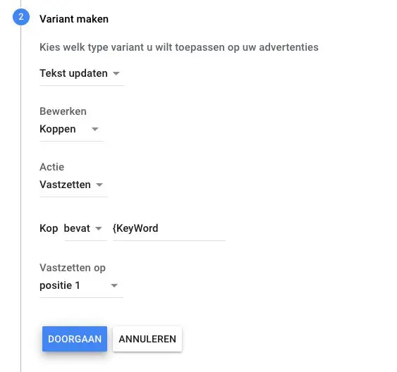 Advertentievariant tekst updaten