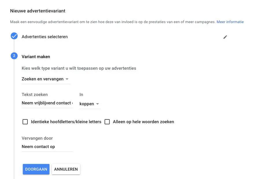 Advertentievariant zoeken en vervangen