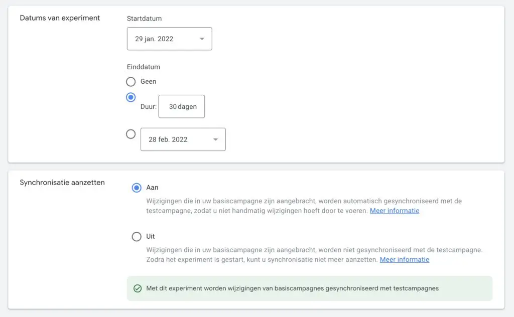 Datums van experiment en synchronisatie aanzetten