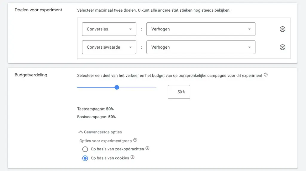 doelen voor experiment en budgetverdeling