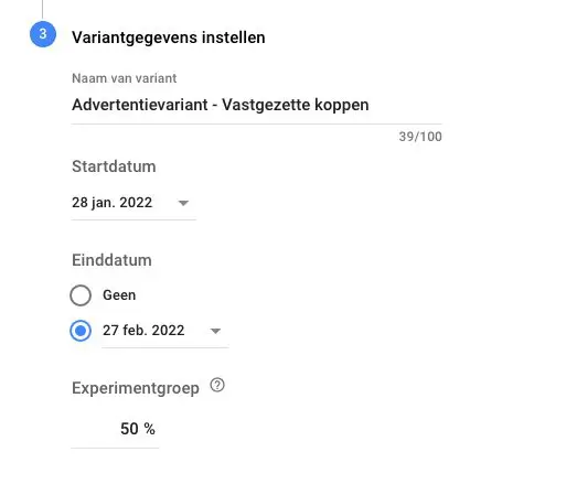 Variantgegevens instellen Google Ads experimenten