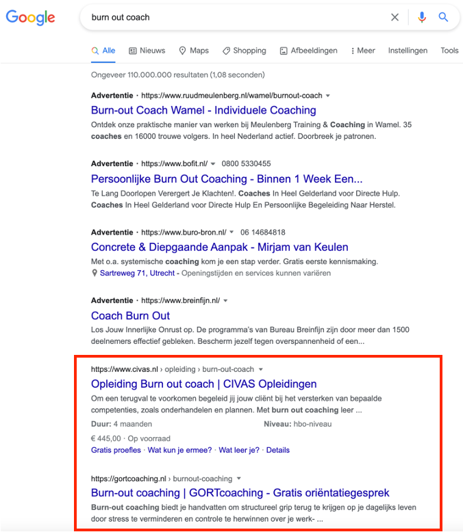 SEO zoekresultaten