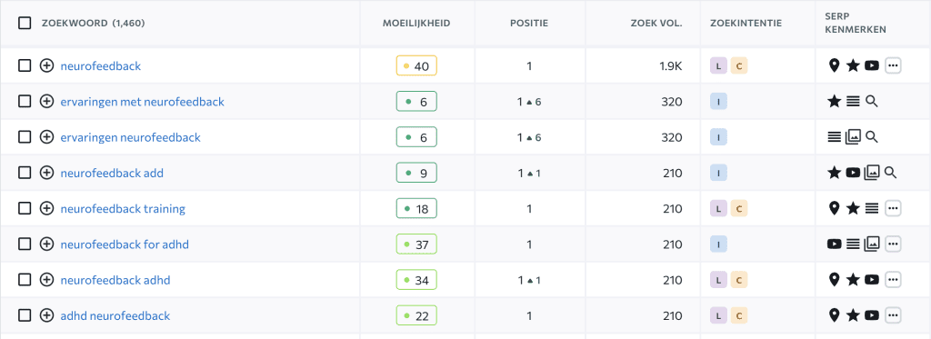 De Breinkliniek zoekwoordposities in Google