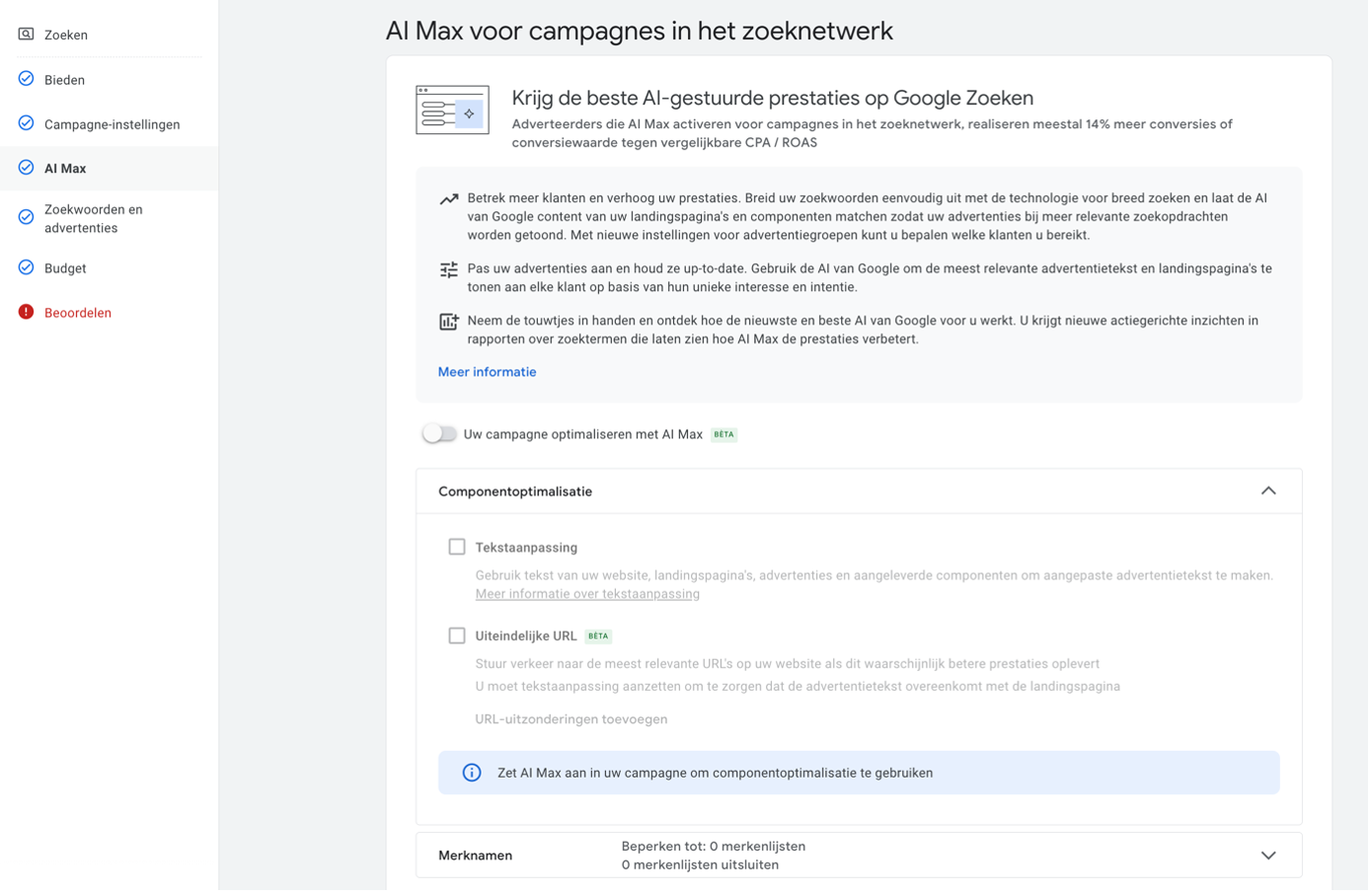 AI Max zoekcampagnes instelling