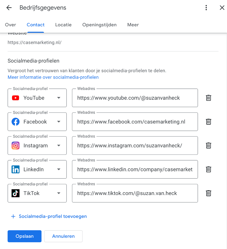 Social media profielen toevoegen aan Google Bedrijfsprofiel