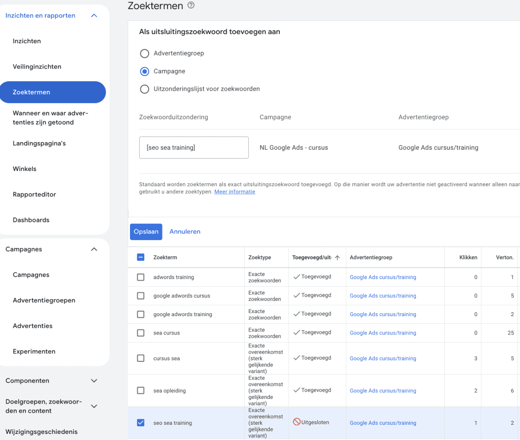 zoekwoorden uitsluiten Google Ads