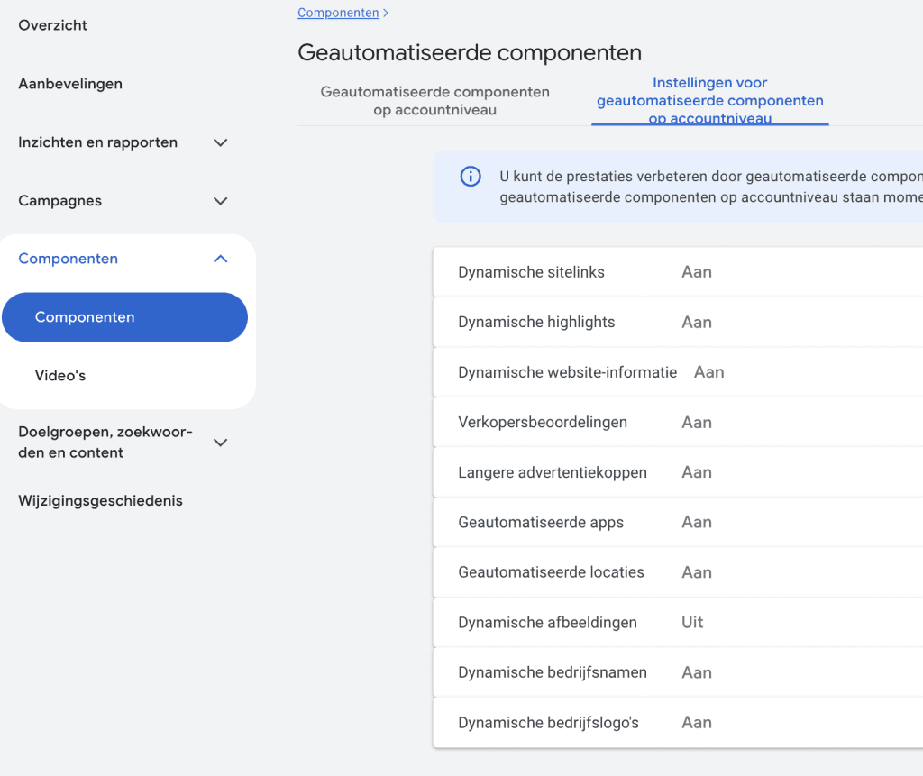 Geautomatiseerde componenten Google Ads