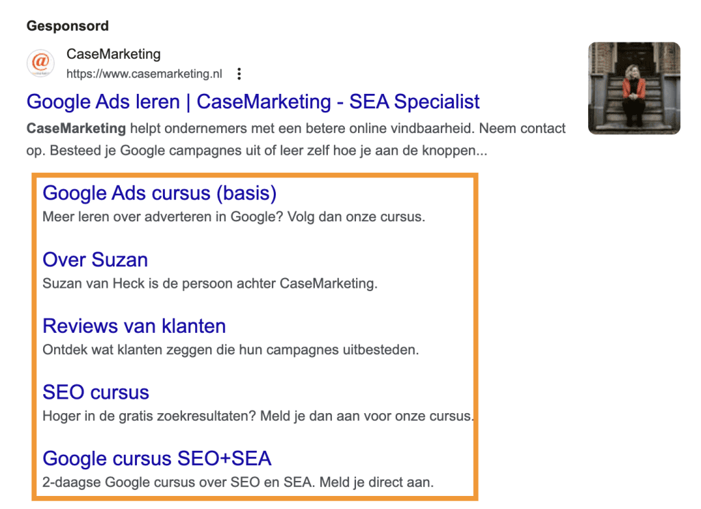 Sitelinks Google Ads voorbeeld CaseMarketing