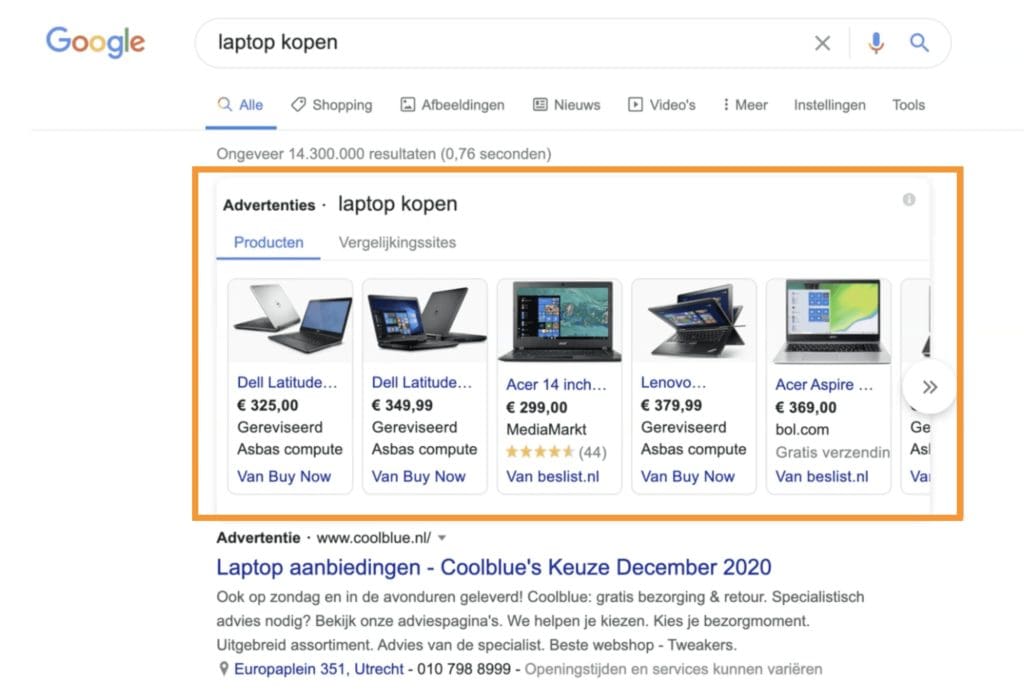 Google Shopping campagne in zoekresultaten