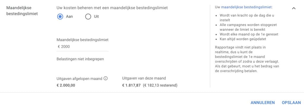 maandelijkse bestedingslimiet Google Ads