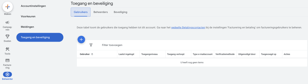 Toegang en Beveiliging in Google Ads account