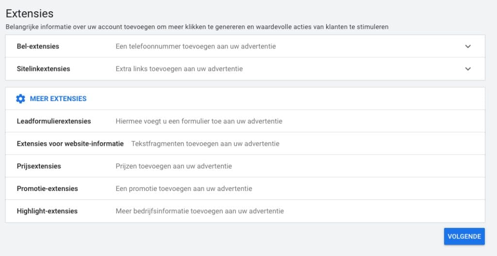 Extensies Google Ads campagne