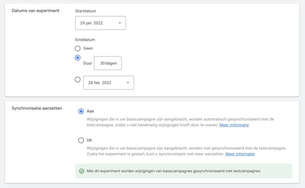 Datums van experiment en synchronisatie aanzetten