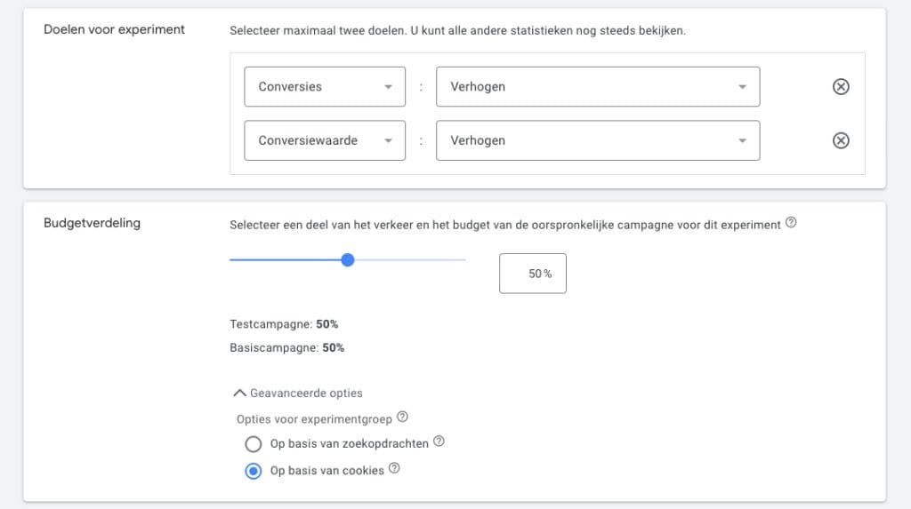 doelen voor experiment en budgetverdeling