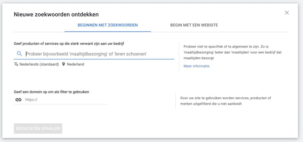 Zoekwoordplanner Google Ads beginnen met zoekwoorden