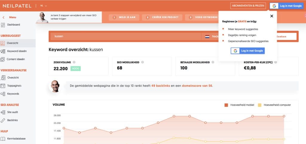 Ubersuggest zoekwoordtool