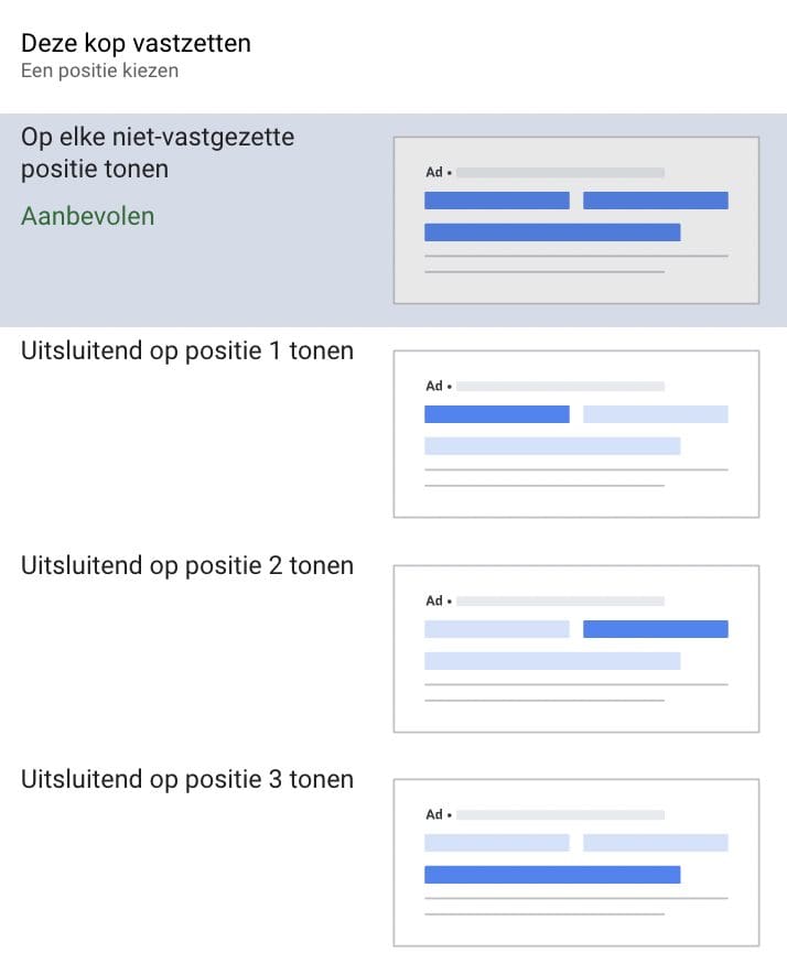 Koppen en beschrijvingen vastzetten responsieve zoekadvertenties