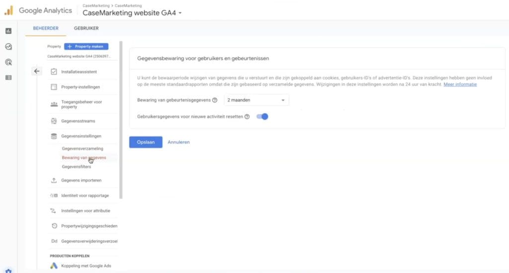 Bewaring van gegevens GA4