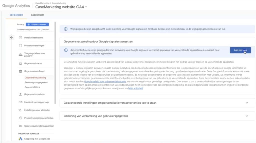 Gegevensverzameling activeren in GA4