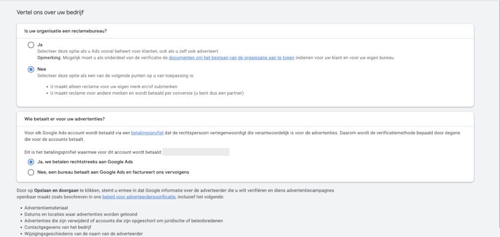 Vertel over uw bedrijf in google ads verificatie