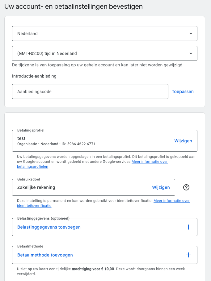 Accountinstellingen bevestigen
