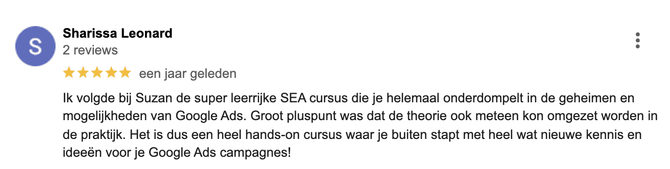 Google Ads cursus ervaring Sharissa