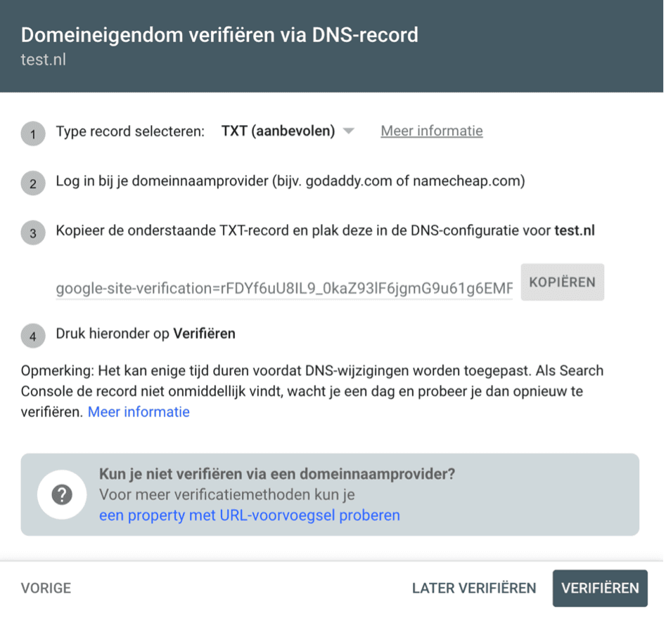 Domeineigendom verifieren Search Console