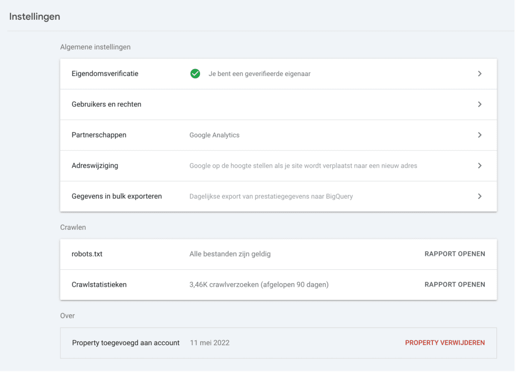 Instellingen Google Search Console