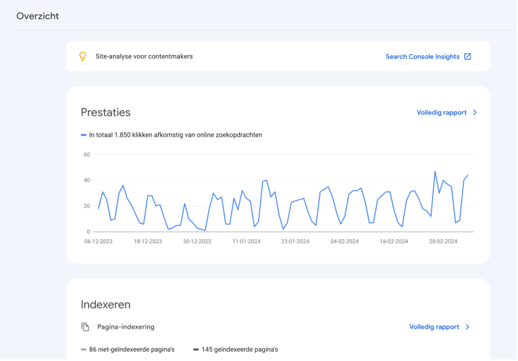 Overzicht Google Search Console