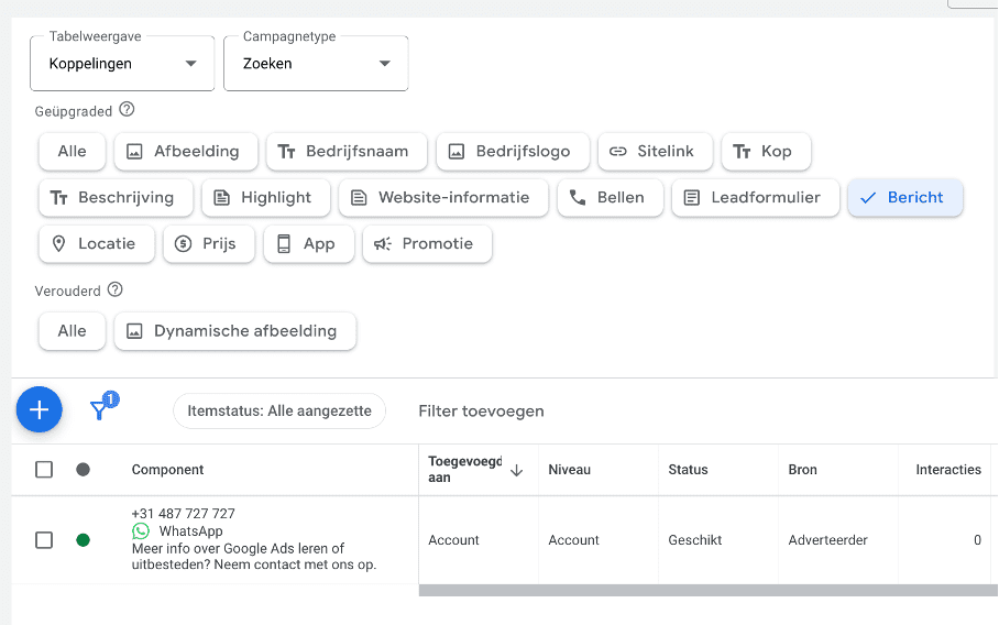 Bericht component voorbeeld Google Ads