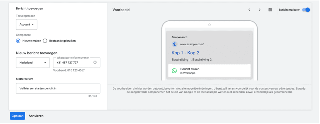 Bericht component instellen Google Ads