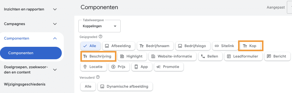 Kop & beschrijving component instellen Google Ads