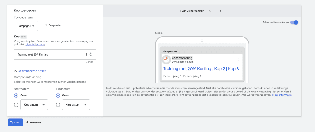 Kop component Google Ads