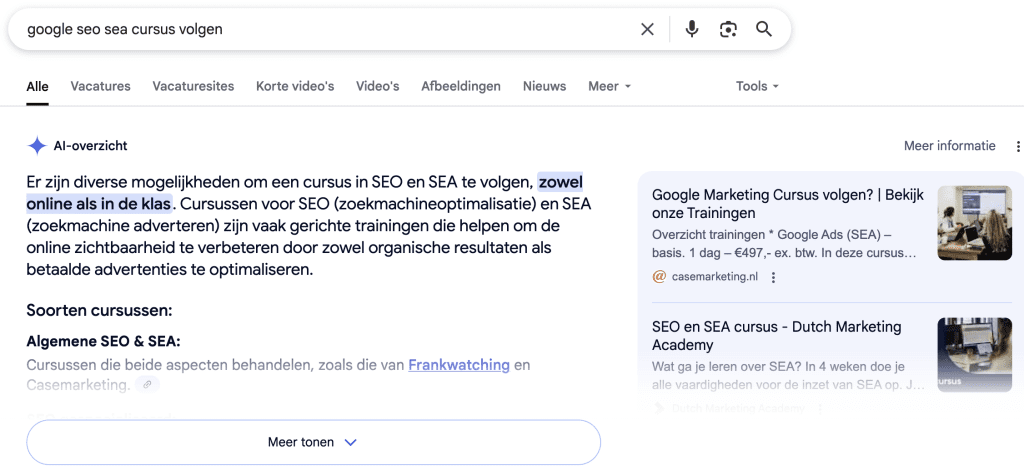 AI antwoorden in Google vind je in het AI overzicht