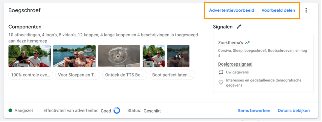 Advertentievoorbeelden Performance Max bij itemgroepen