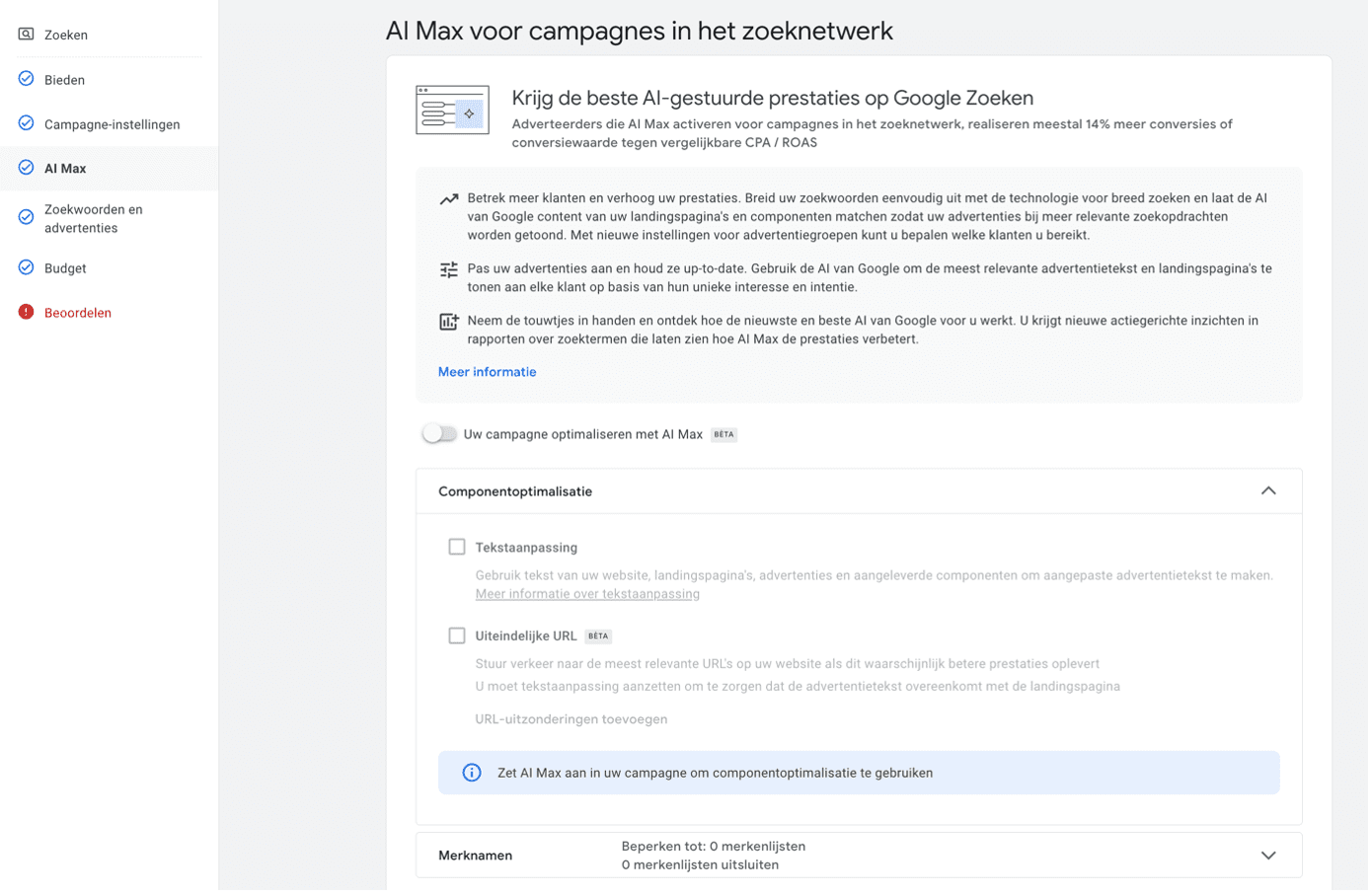 AI Max zoekcampagnes instelling