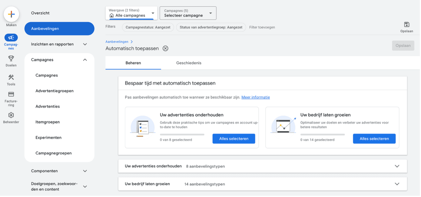 Google Ads aanbevelingen automatisch laten toepassen